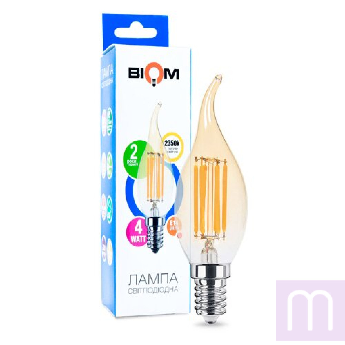 Світлодіодна лампа Biom FL-415 C35 LT 4W E14 2530K Amber свічка на вітрі